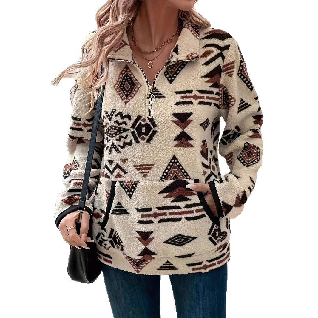Damen Fleece-Pullover mit Stehkragen und modernem Ethno-Muster Drune