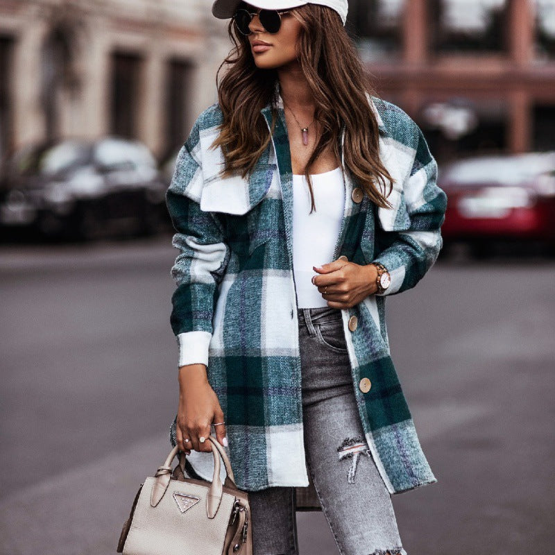 Damen Oversized Blazerjacke im karierten Design mit praktischen Taschen und Knopfdetails Drune