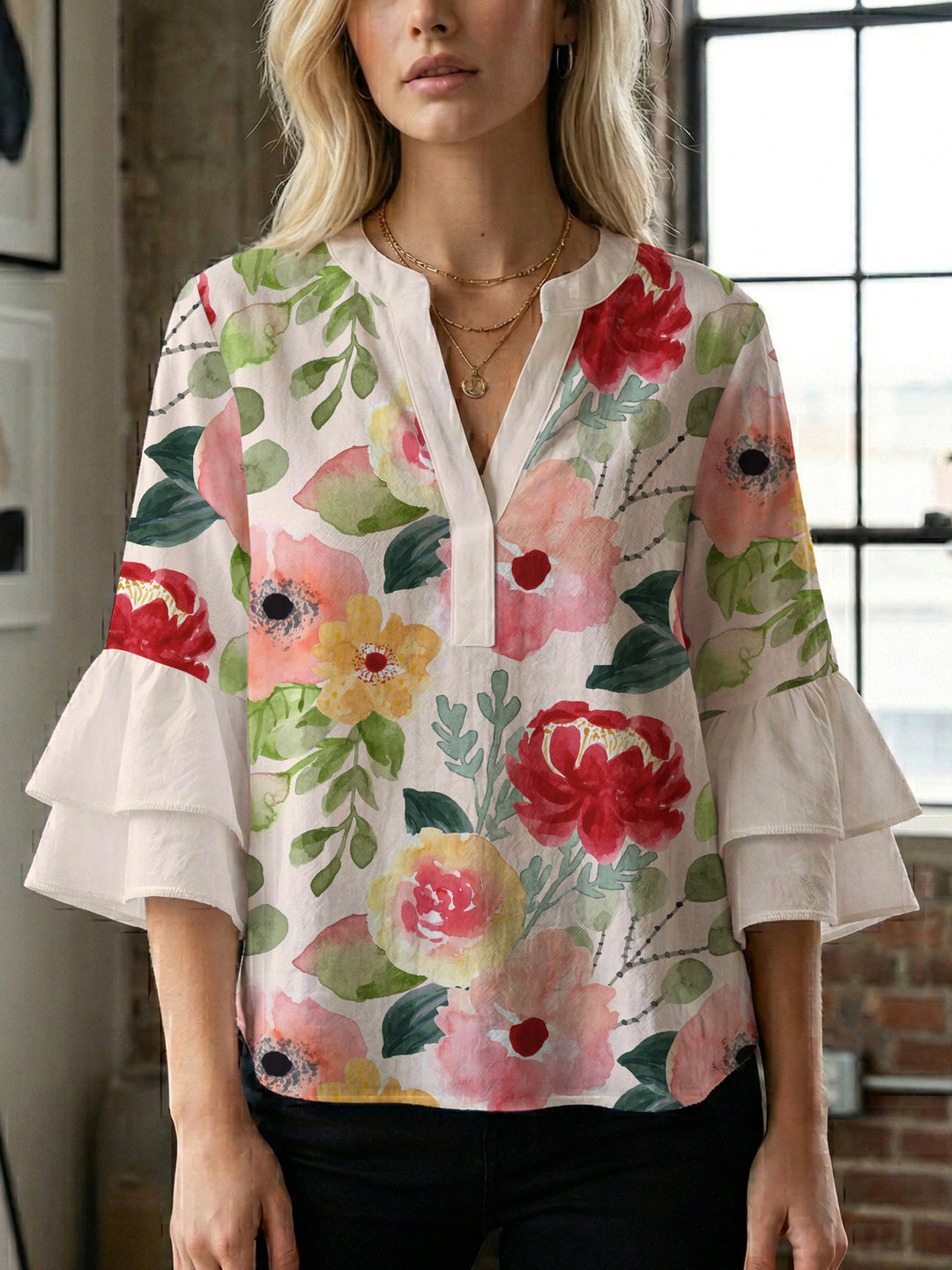 Damen Bluse mit voluminösen Rüschenärmeln und floralem Druck Drune