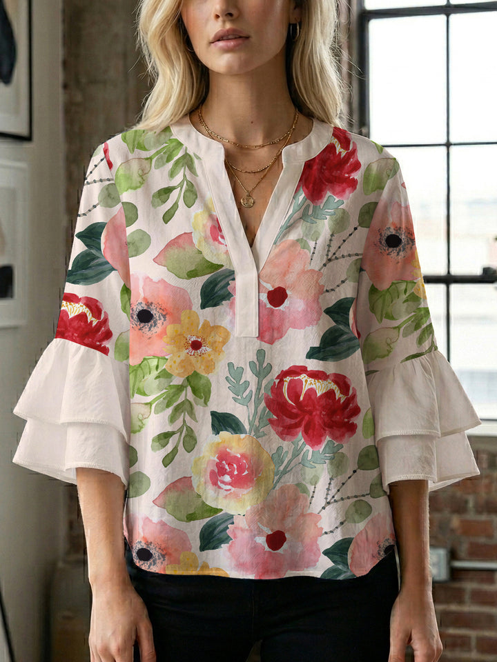 Damen Bluse mit voluminösen Rüschenärmeln und floralem Druck Drune