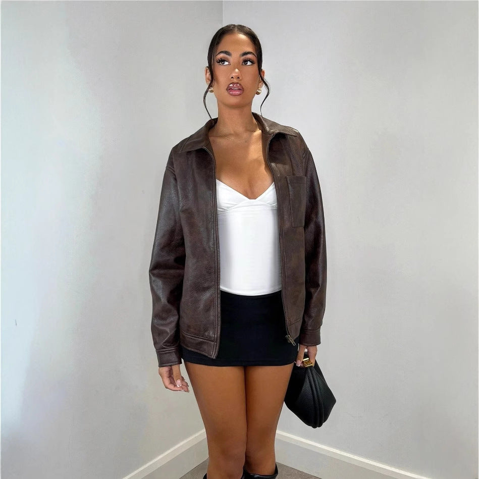 Damen Kunstlederjacke mit oversized Schnitt und praktischer Brusttasche Drune