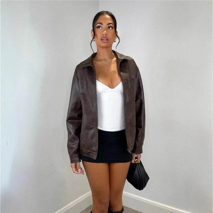 Damen Kunstlederjacke mit oversized Schnitt und praktischer Brusttasche Drune