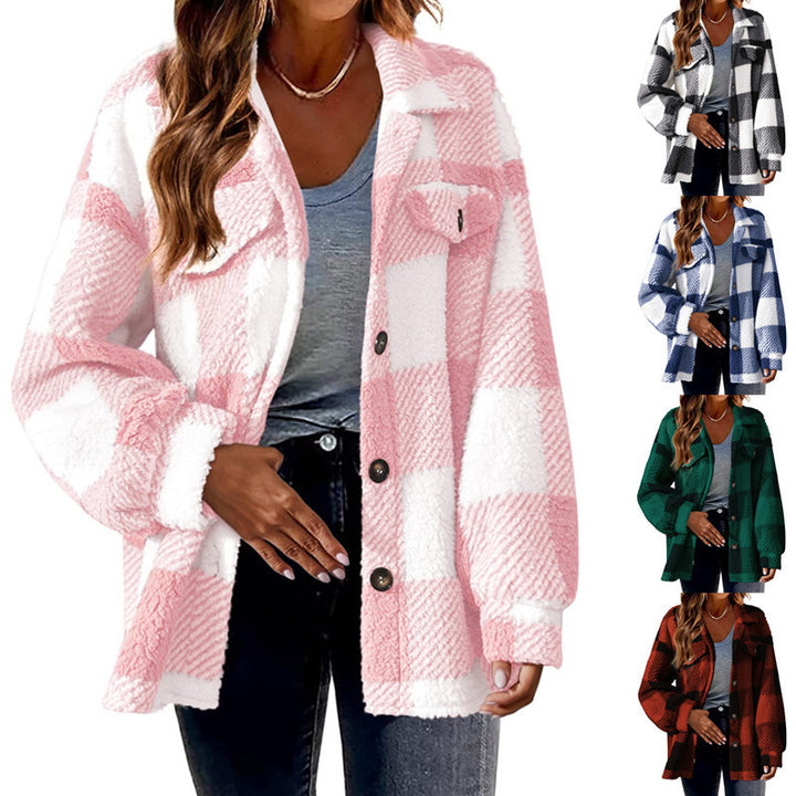 Damen Flauschige Karojacke mit Druckknopfverschluss und praktischen Taschen Drune