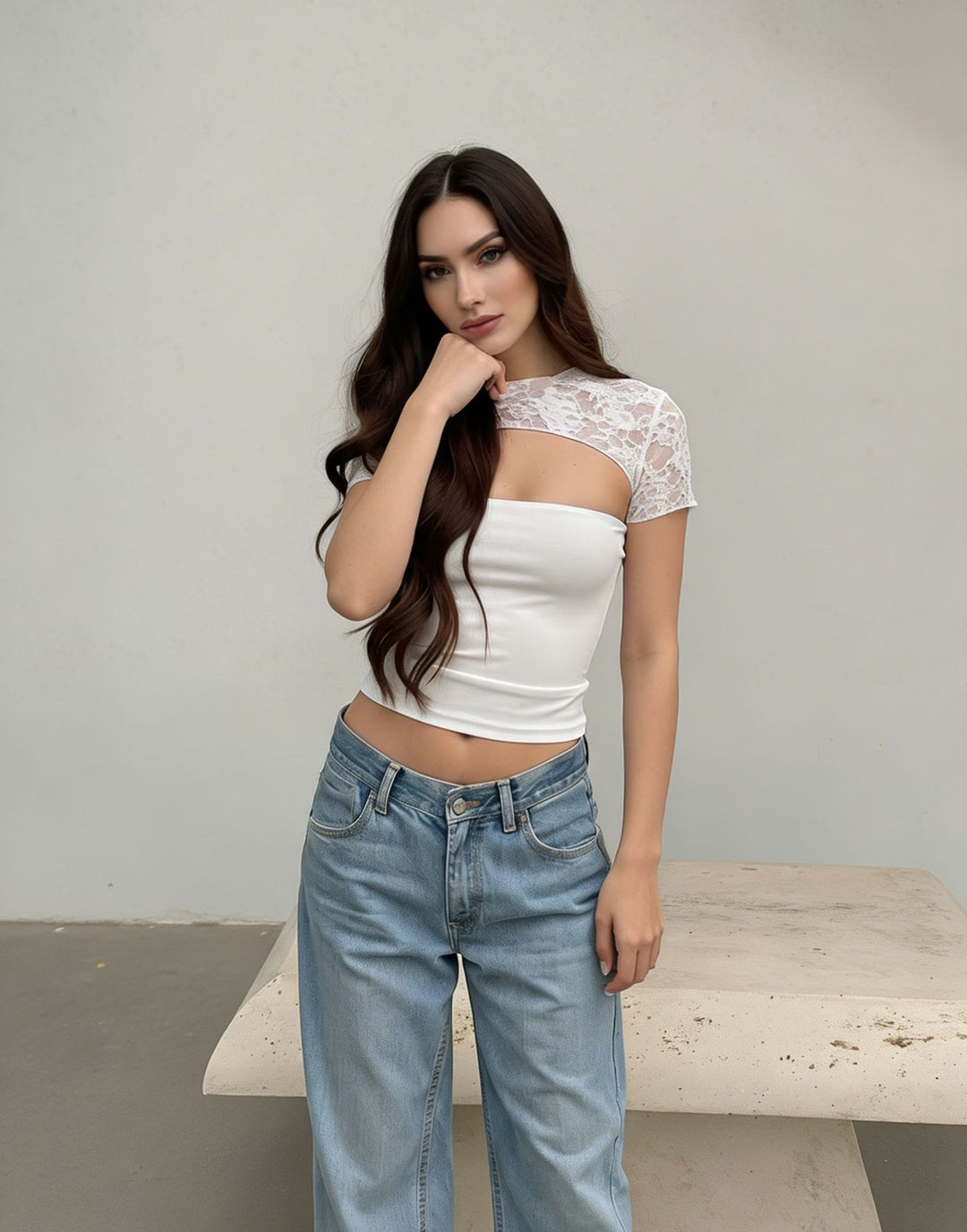Damen Cropped Top mit Spitzenmuster und figurbetontem Schnitt Drune