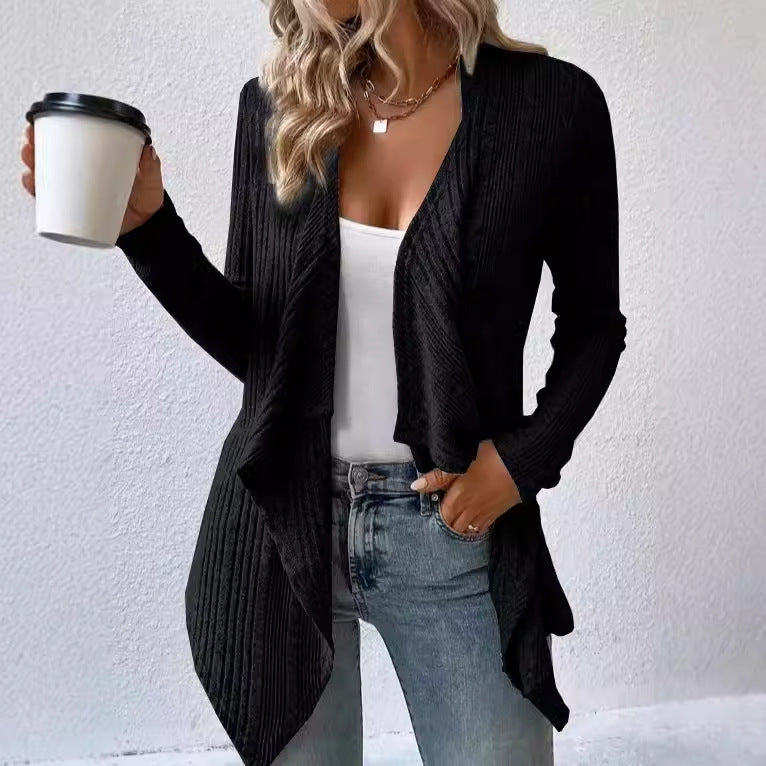 Damen lässige Strickjacke mit asymmetrischem Saum und offenem Design Drune
