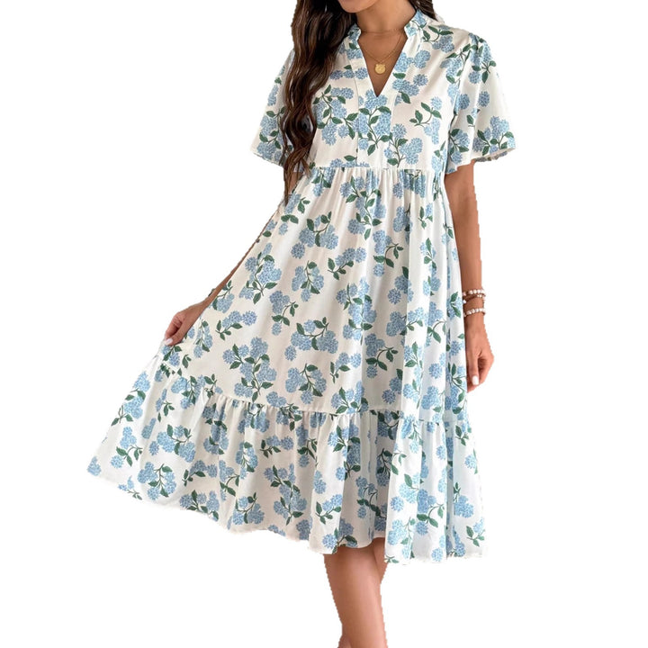 Damen Midikleid mit frischem Blumenmuster und voluminösem Rock Drune