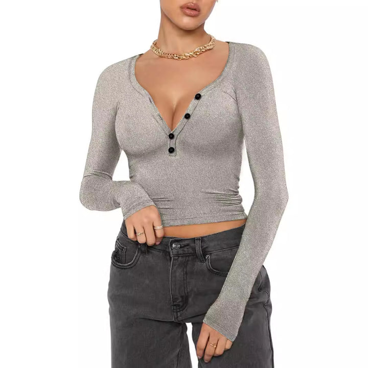 Damen Langarmshirt mit V-Ausschnitt und Knopfdetails Drune