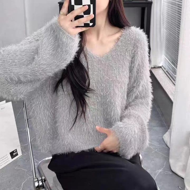 Damen kuscheliger V-Ausschnitt Pullover mit glitzerndem Faden Drune