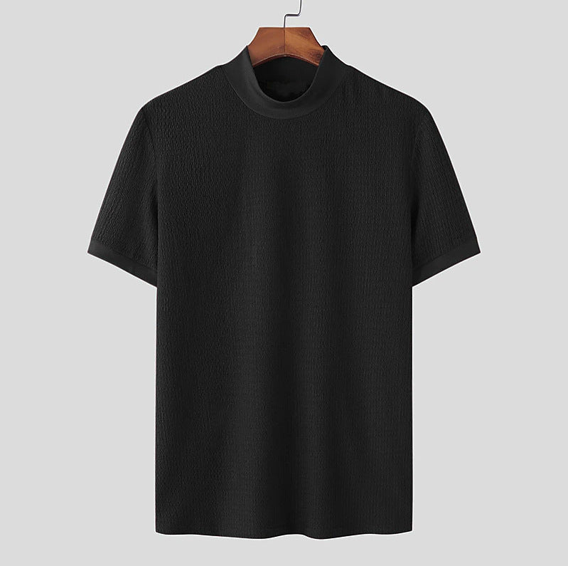 Herren nan kurzärmliges Stehkragen-Feinstrickshirt mit feiner Rippstruktur Drune