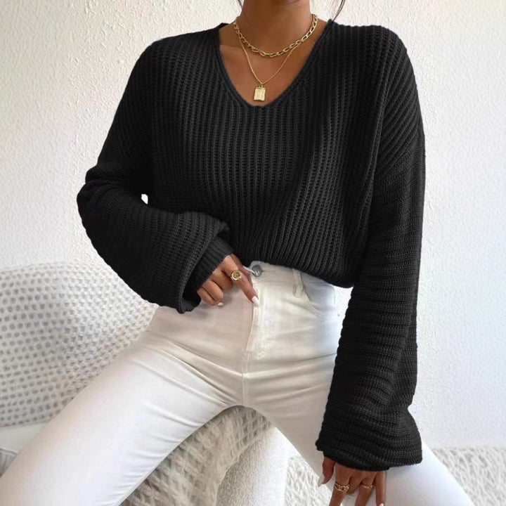 Damen luftiger Strickpullover mit weitem V-Ausschnitt und langen Ärmeln Drune