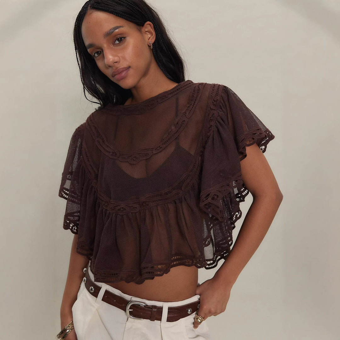 Damen Elegante Häkelbluse mit voluminösen Rüschendetails und transparentem Stoff Drune