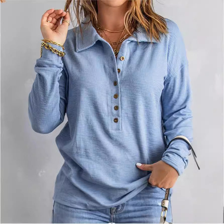 Damen Langarm-Bluse mit knöpfbarem Kragen und strukturiertem Stoff Drune
