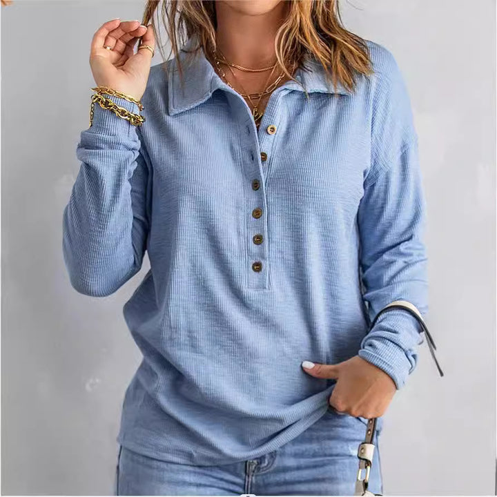 Damen Langarm-Bluse mit knöpfbarem Kragen und strukturiertem Stoff Drune