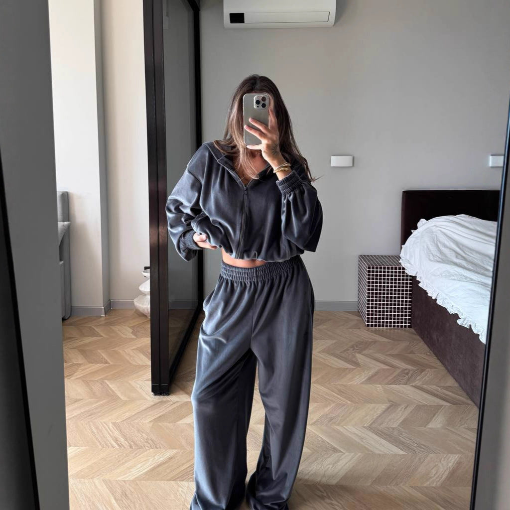 Damen modisches Velours-Set mit elastischem Bund und hohem Kragen Drune