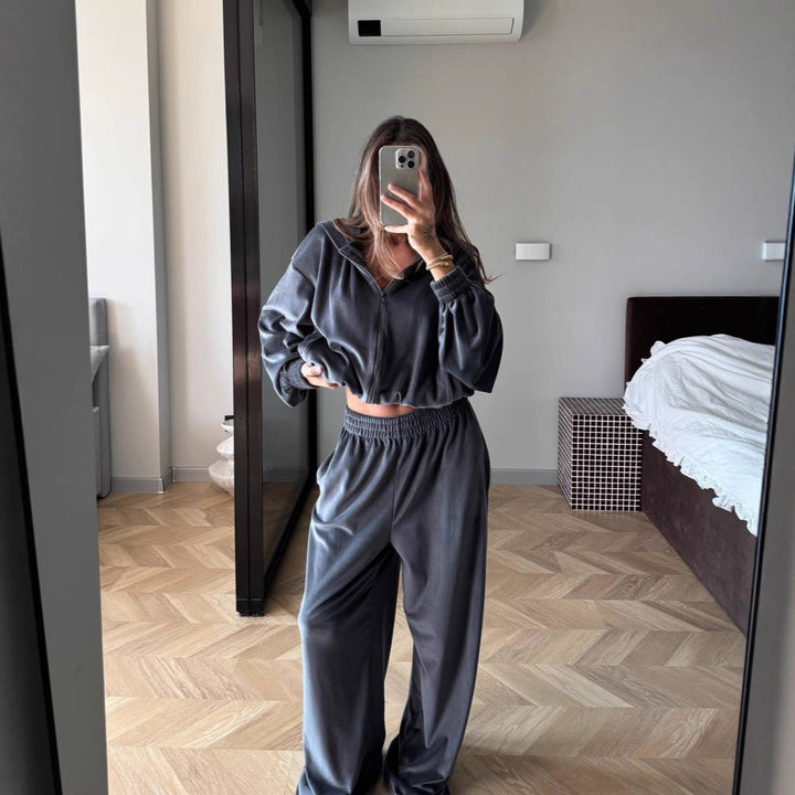Damen modisches Velours-Set mit elastischem Bund und hohem Kragen Drune