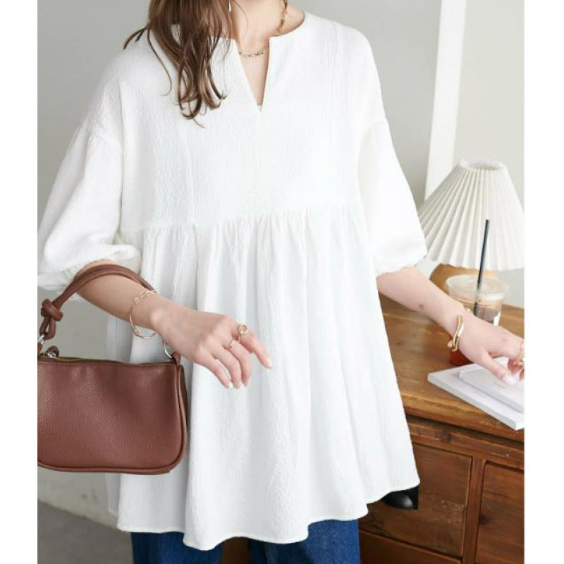 Damen Bluse mit ausgestellten Ärmeln und V-Ausschnitt Drune