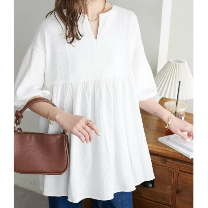 Damen Bluse mit ausgestellten Ärmeln und V-Ausschnitt Drune
