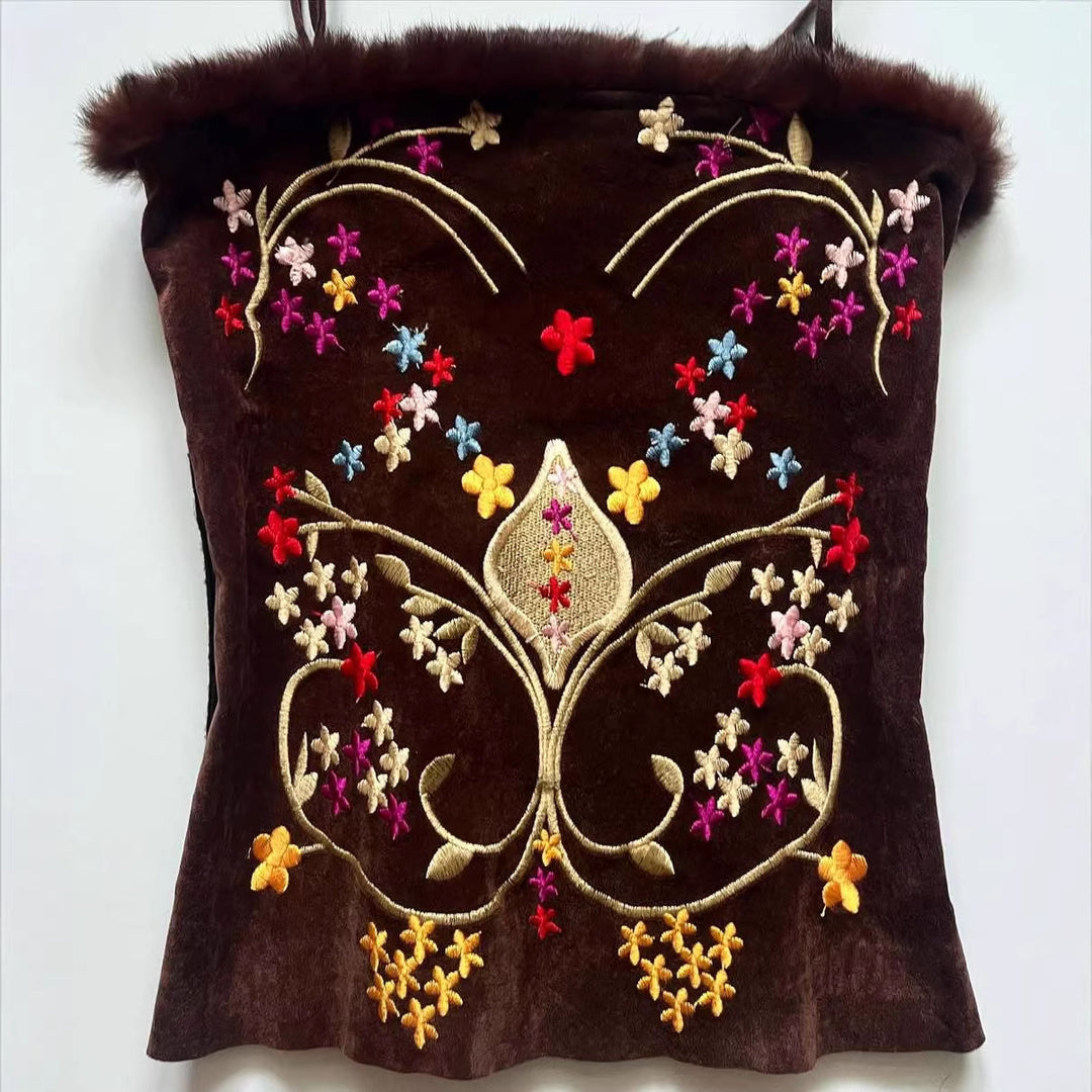 Damen Samt-Blusentop mit floralen Stickereien Drune