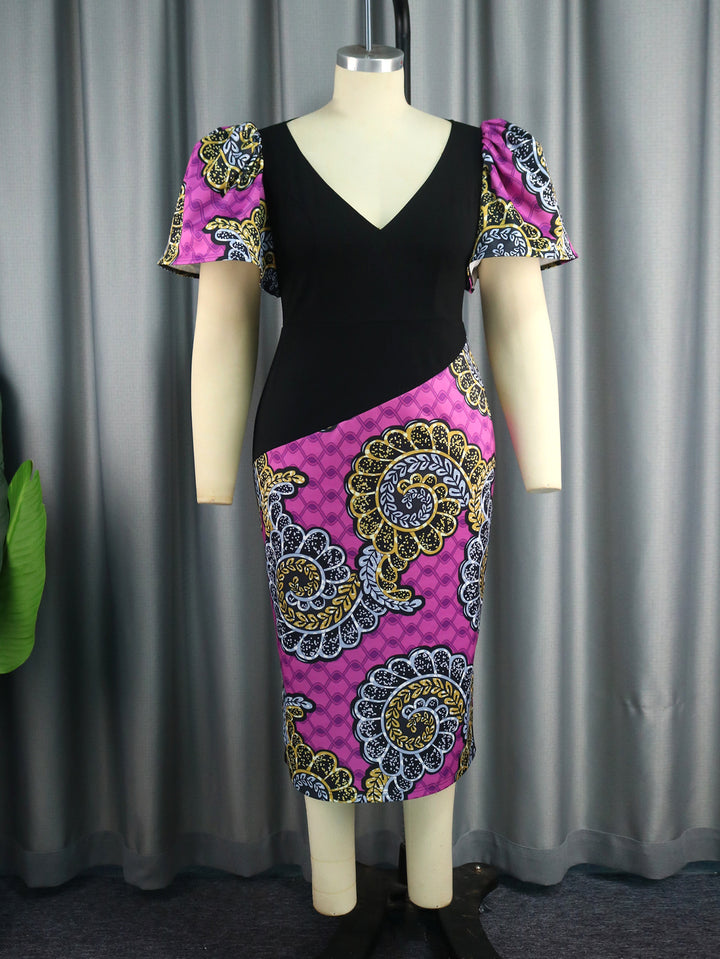 Damen figurbetontes Kleid mit bunten Puffärmeln und asymmetrischem Design Drune