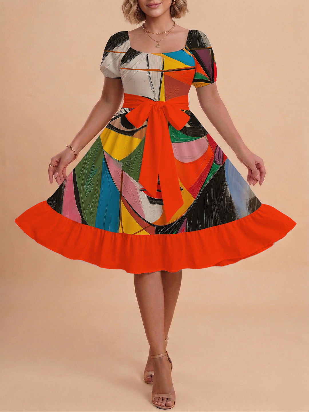 Damen Sommerliches Blumenkleid mit taillierbarem Gürtel und voluminösen Ärmeln Drune