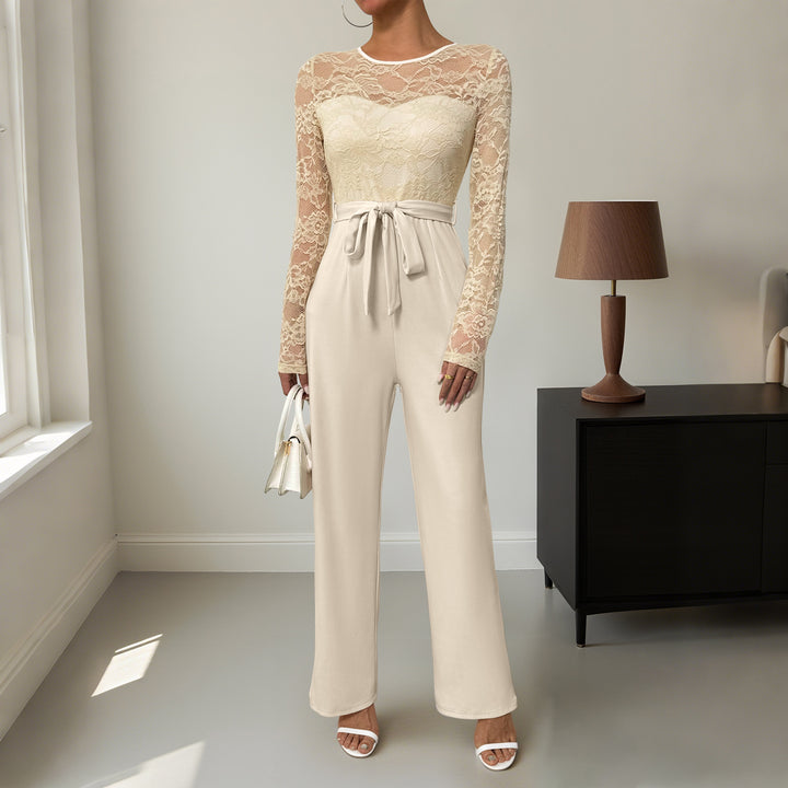 Damen Jumpsuit mit elegantem Spitzenoberteil und taillierbarem Gürtel Drune