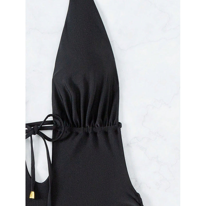 Damen eleganter Einteiler Badeanzug mit tiefem V-Ausschnitt und seitlichen Bindebändern Drune