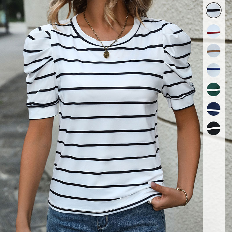 Damen Kurzarm-Oberteil mit stylischen Puffärmeln und gestreiftem Design Drune