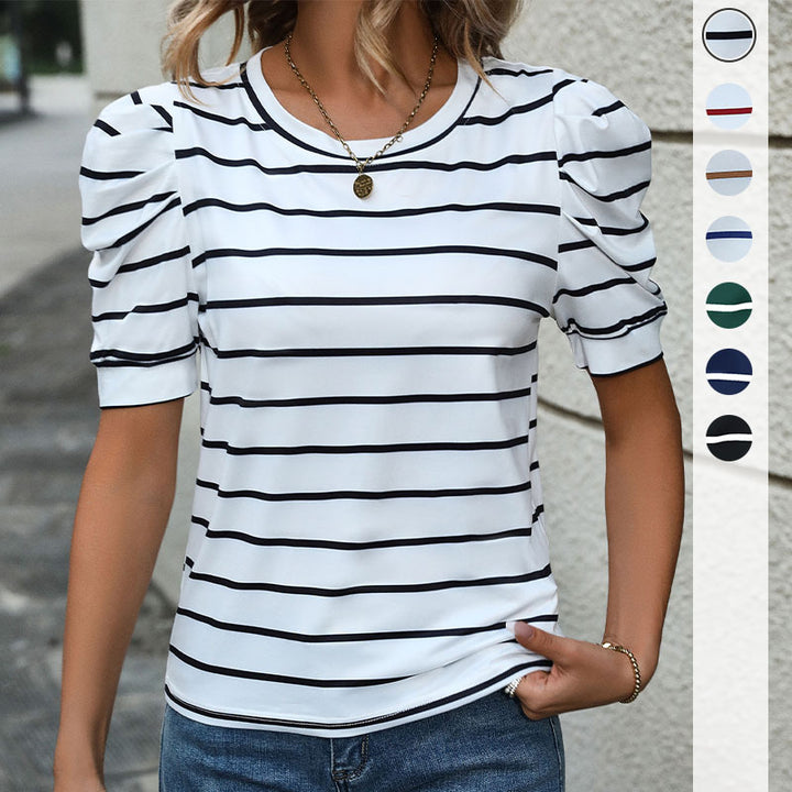 Damen Kurzarm-Oberteil mit stylischen Puffärmeln und gestreiftem Design Drune