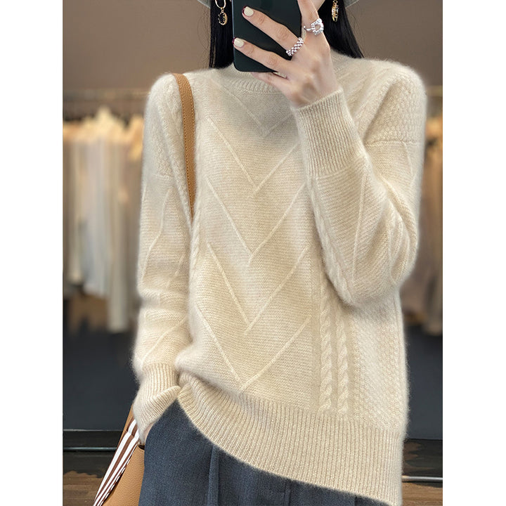 Damen Grobstrickpullover mit innovativem Zopfmuster und hohem Stehkragen Drune