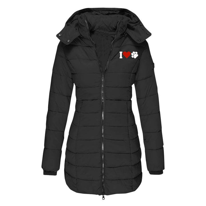 Damen nan gesteppte Steppjacke mit Kapuze, taillierter Silhouette und Herz-Pfoten-Print Drune