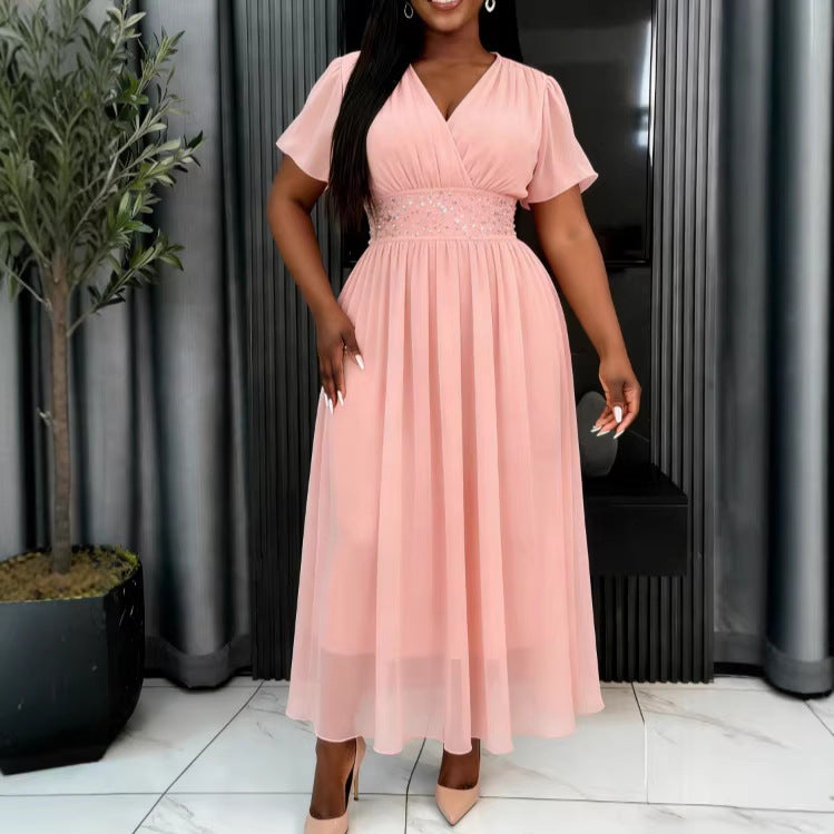 Damen Elegant Fließendes Maxikleid mit V-Ausschnitt und Taillierung Drune