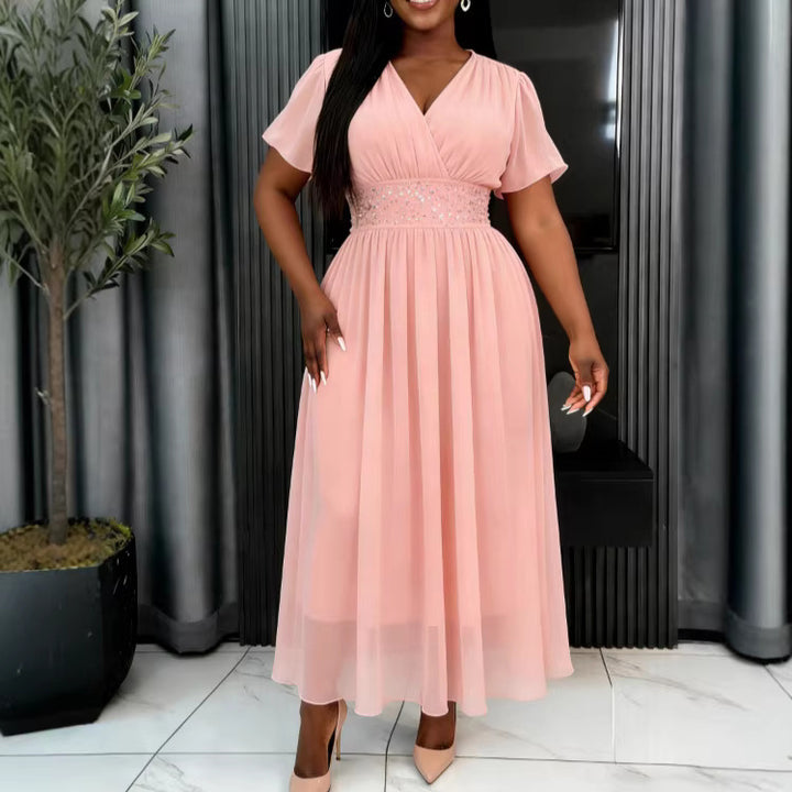 Damen Elegant Fließendes Maxikleid mit V-Ausschnitt und Taillierung Drune