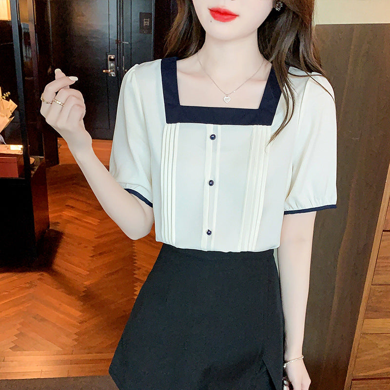 Damen Elegante Bluse mit Plissee-Details und kontrastierenden Akzenten Drune