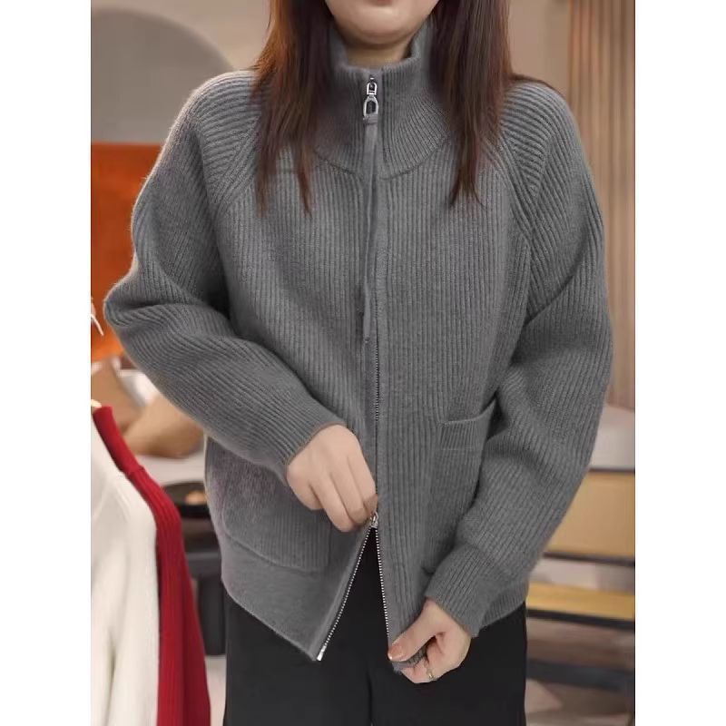 Damen lässiger Zip-Pullover mit strukturiertem Rippenmuster Drune
