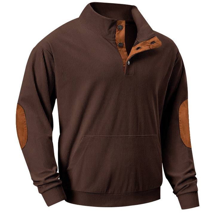 Herren nan geripptes Stehkragen-Sweatshirt mit Knopfleiste, Kängurutasche und Velours-Ellenbogenbesatz Drune