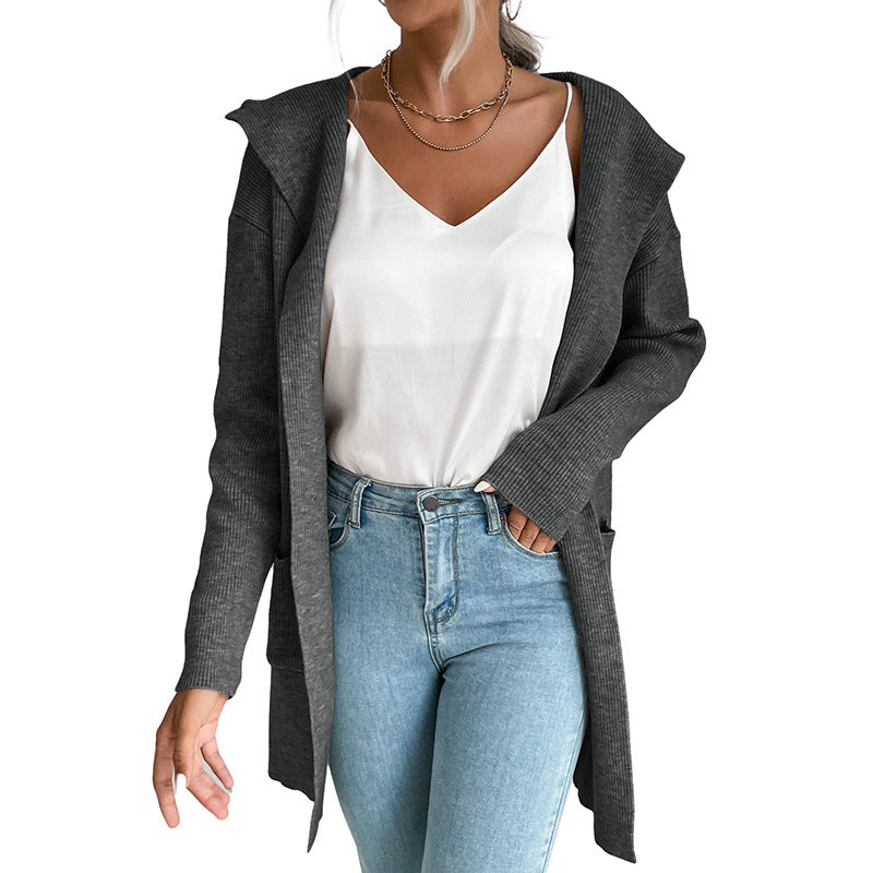 Damen lässiger Strickcardigan mit hohem Kragen und offenen Front Drune