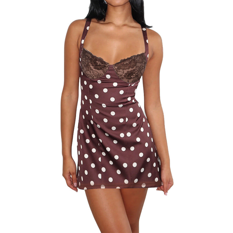 Damen figurbetontes Minikleid mit Spitzenoberteil und Punkten Drune