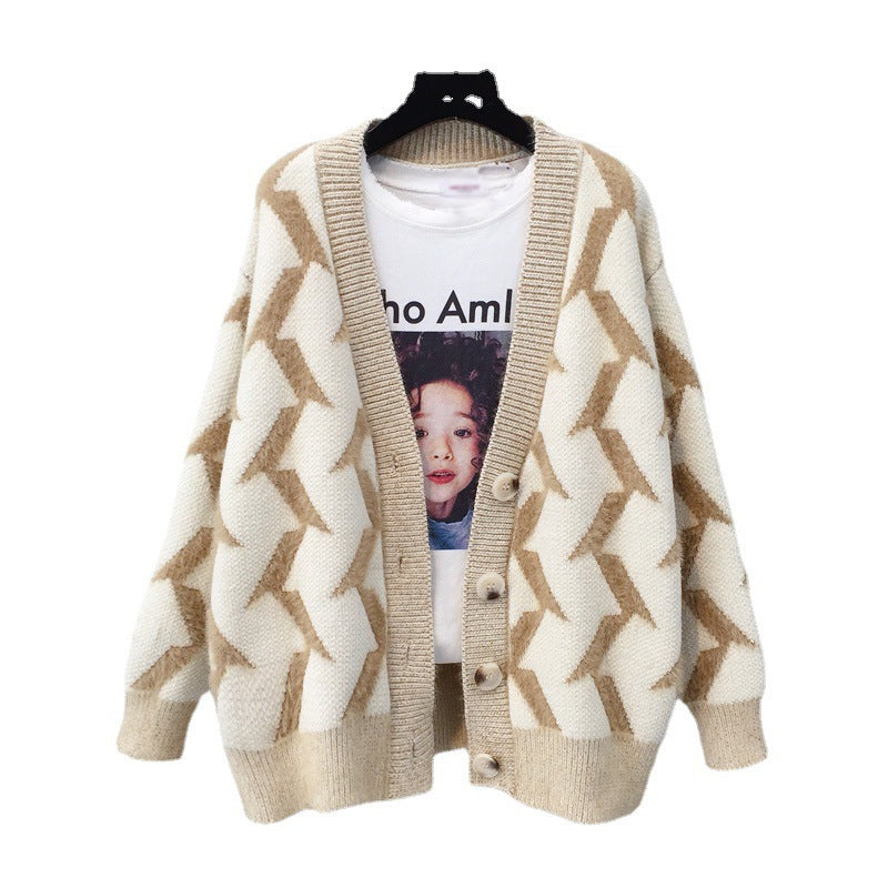 Damen Grobstrick Cardigan mit modernem Zickzackmuster und Knopfdetails Drune