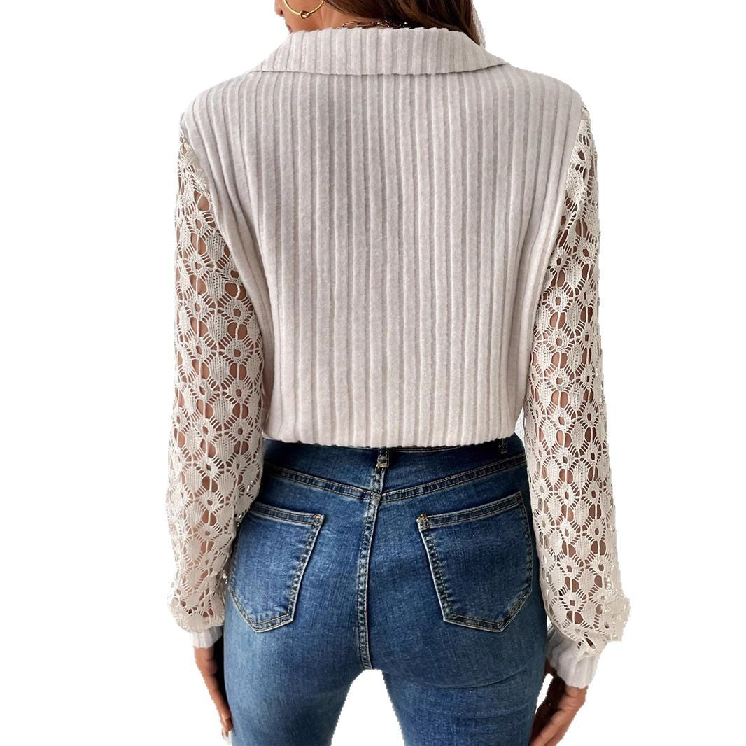 Damen V-Ausschnitt Bluse mit Spitzenärmel und Rippstruktur Drune