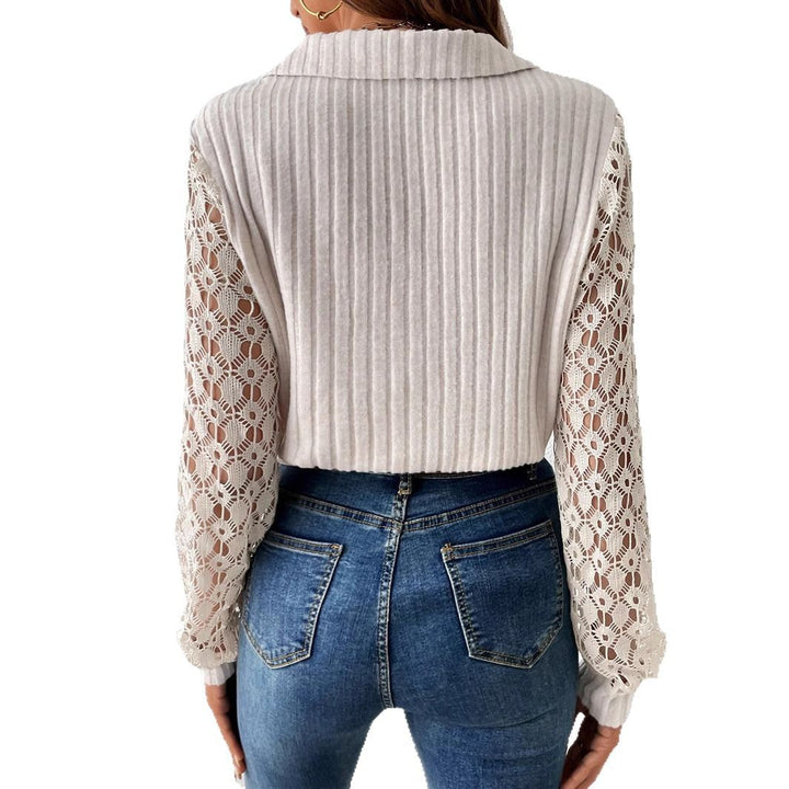 Damen V-Ausschnitt Bluse mit Spitzenärmel und Rippstruktur Drune