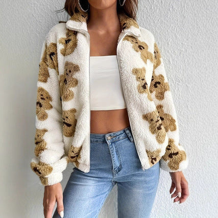 Damen kuschelige Fleecejacke mit Bärenmuster und durchgehendem Reißverschluss Drune