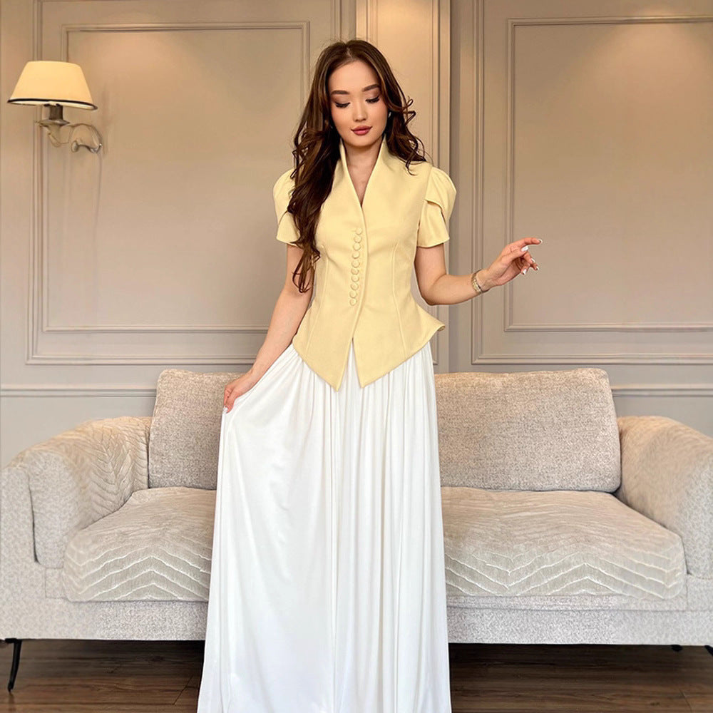 Damen elegante Designerbluse mit Puffärmeln und Knopfdetails Drune