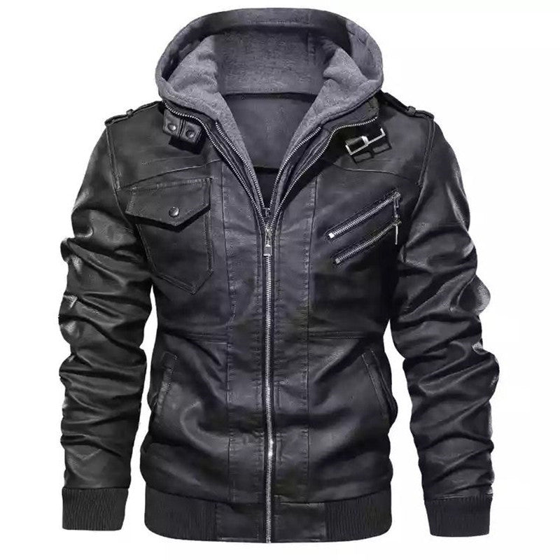 Herren modische Lederjacke mit abnehmbarer Kapuze Drune