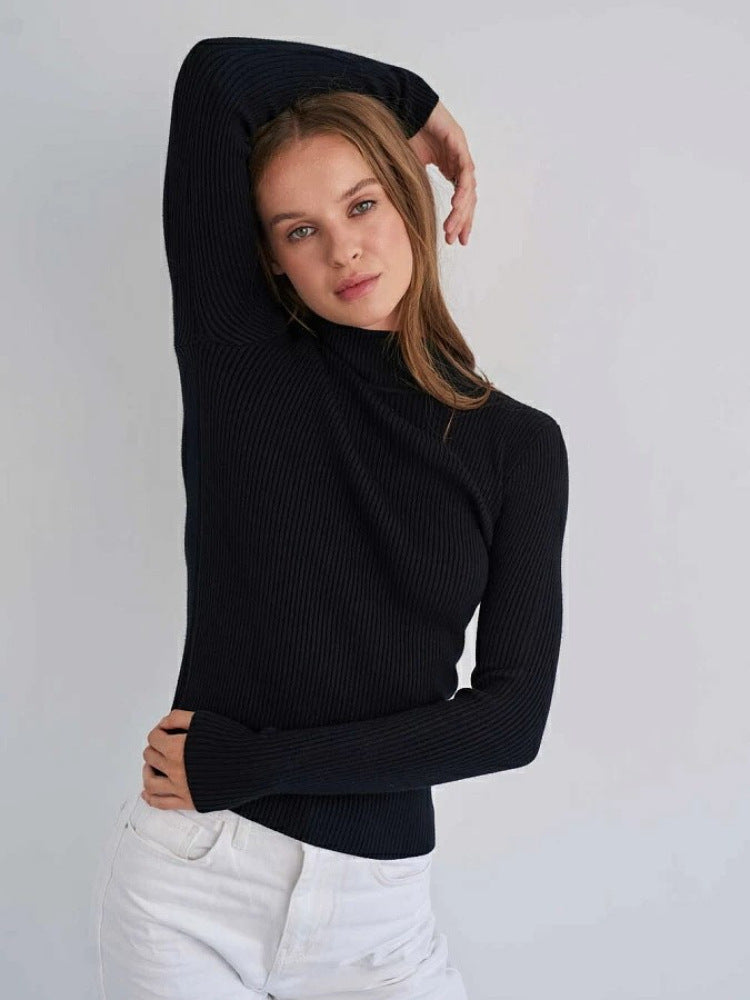 Damen Enganliegender Rippstrickpullover mit Stehkragen Drune