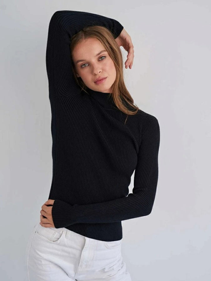Damen Enganliegender Rippstrickpullover mit Stehkragen Drune