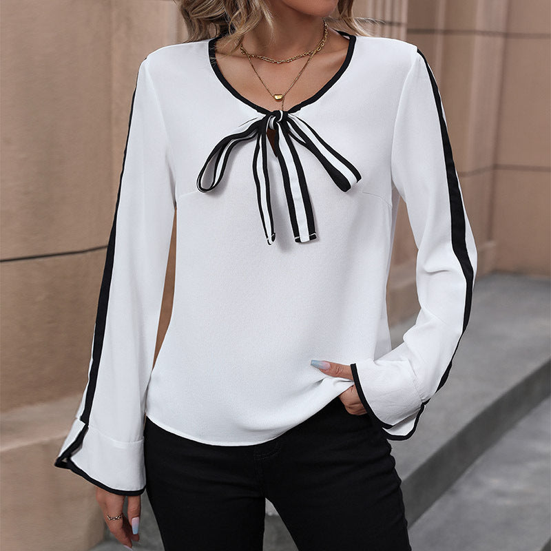 Damen elegante Bluse mit Bindegürtel und gestreiften Ärmeln Drune