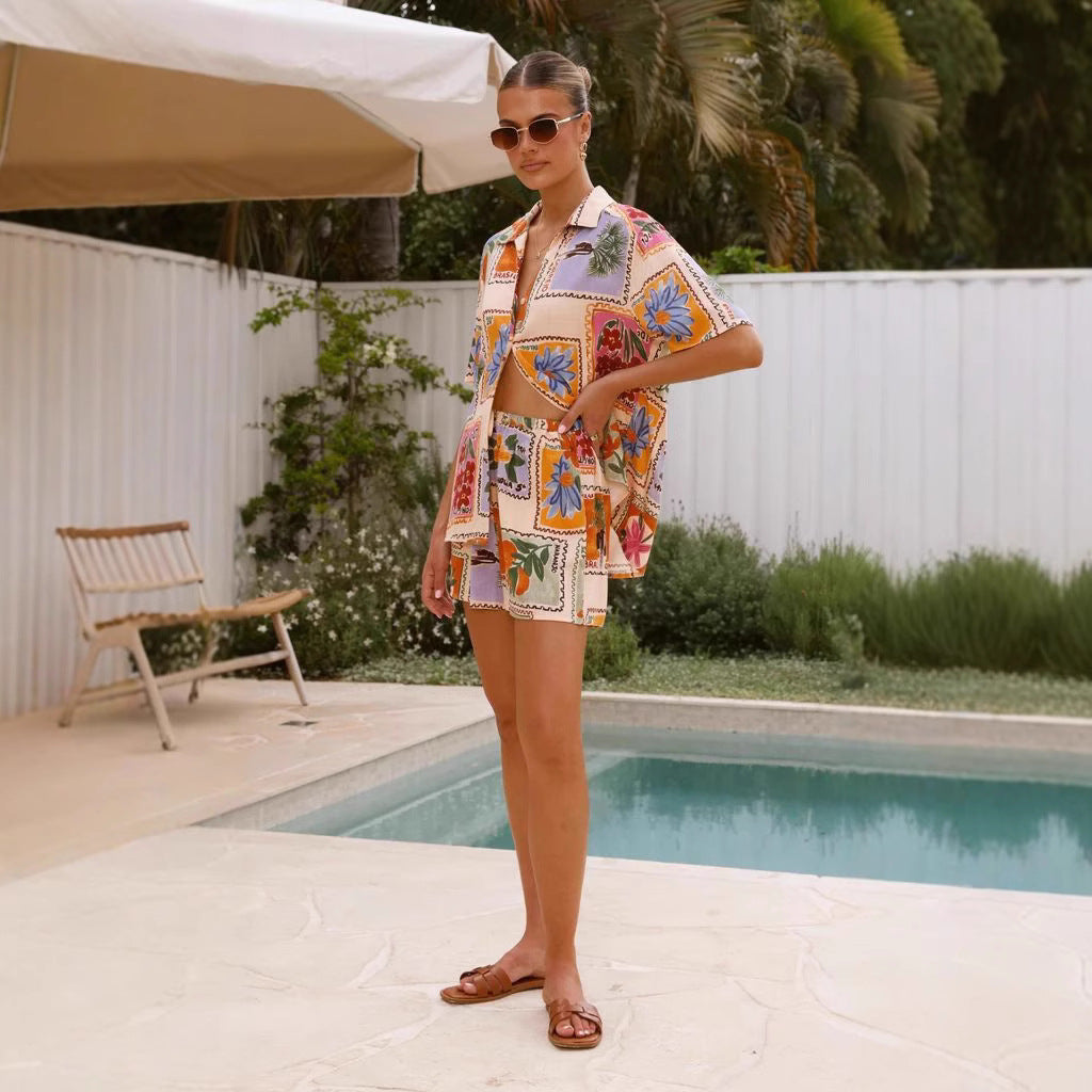 Damen Kurzarm-Hemd mit passender Shorts im floralem Design Drune