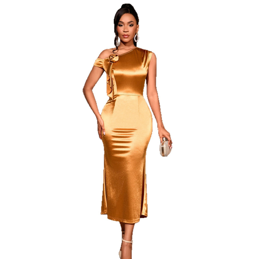 Damen elegantes Satin-Cocktailkleid mit Schulterfalten und Seitenschlitz Drune