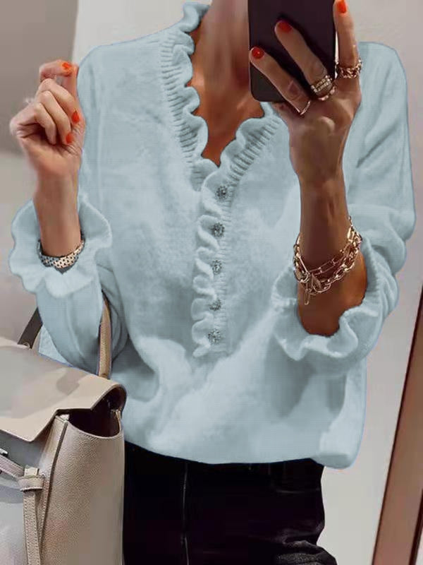 Damen Bluse mit fließendem Rüschendesign und Knopfleiste Drune