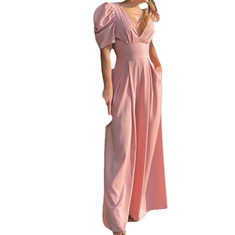 Damen Elegantes Jumpsuit mit voluminösen Puffärmeln und tiefem V-Ausschnitt Drune